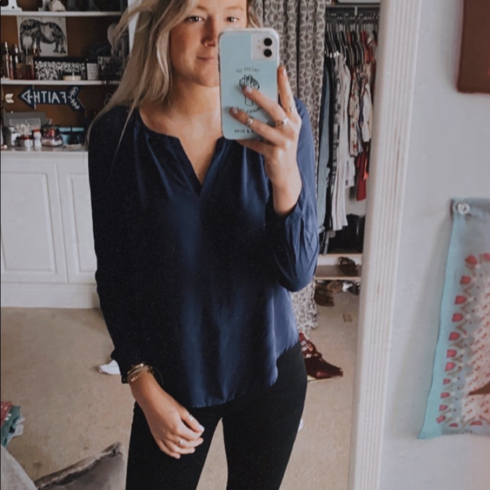 Harper Navy Blue Long-Sleeve V-Neck Blouse